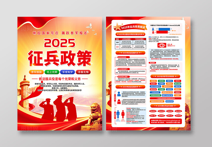 红色黄色党建风2025征兵政策响应号召参军入伍宣传单页
