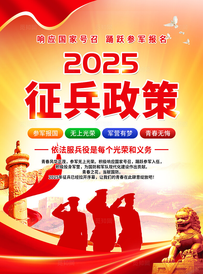 红色黄色党建风2025征兵政策响应号召参军入伍宣传单页