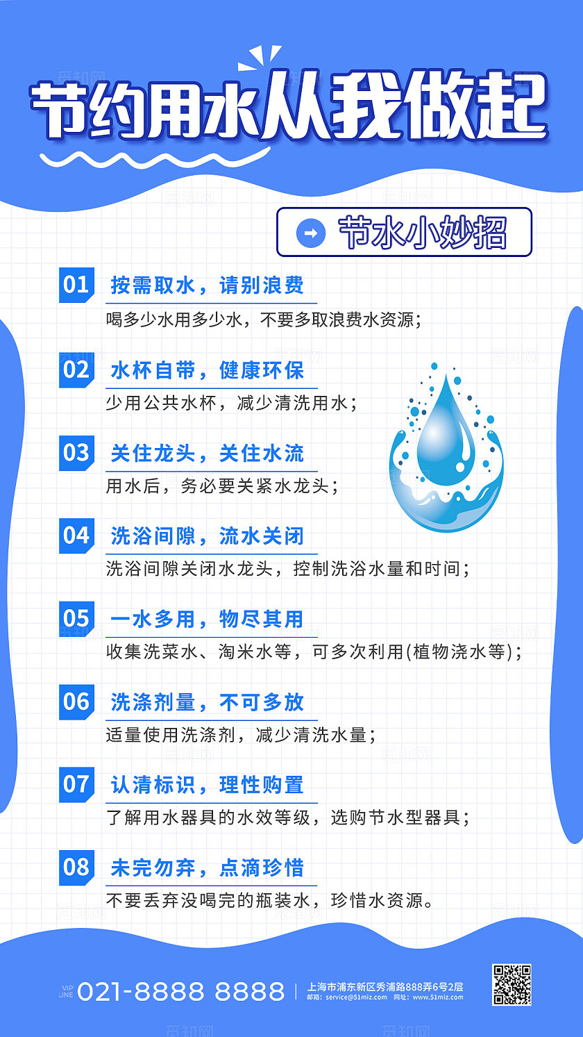 蓝色简约节约用水小妙招手机文案海报