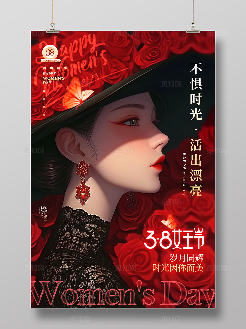 红色复古风格女王节妇女节海报妇女节宣传海报38节海报38妇女节