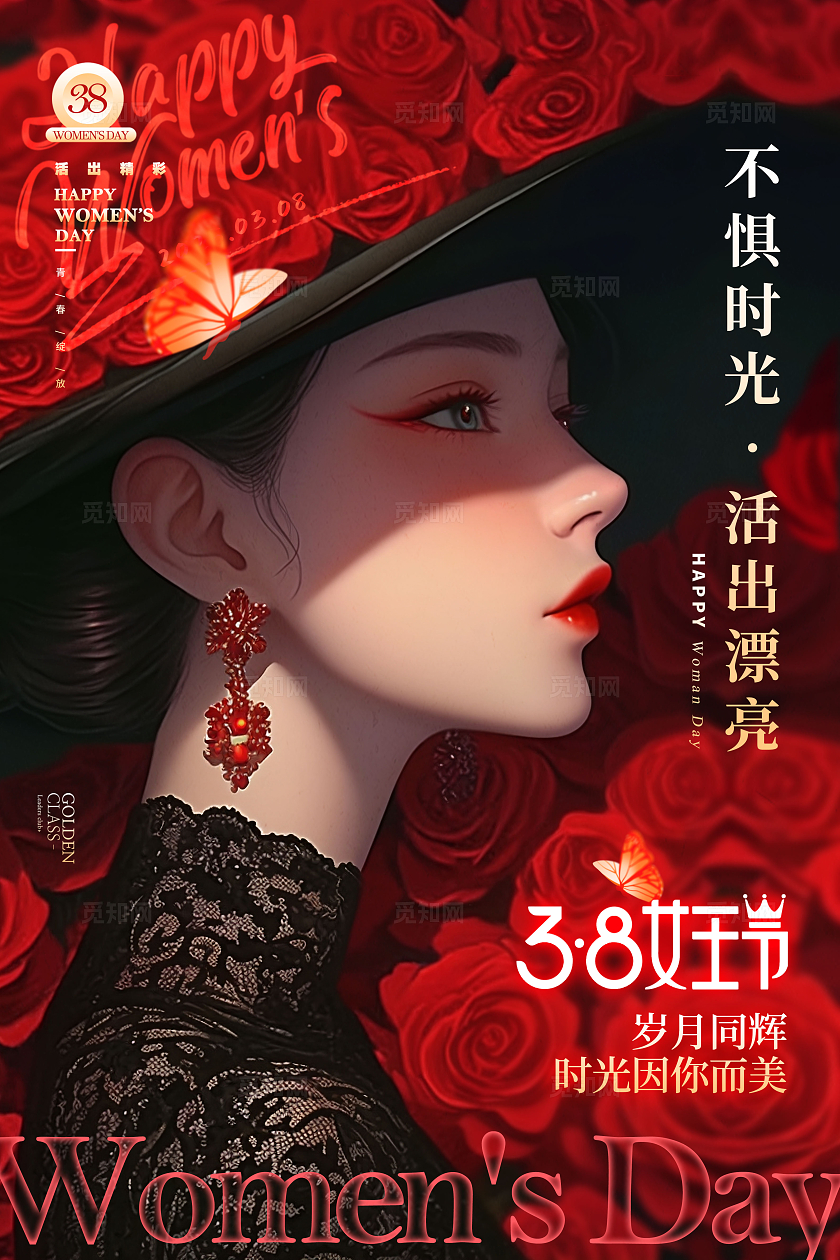 红色复古风格女王节妇女节海报妇女节宣传海报38节海报38妇女节