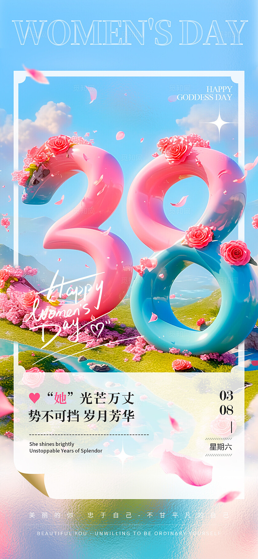 蓝色3D风格38妇女节手机宣传海报妇女节宣传海报妇女节海报38节三八38妇女节