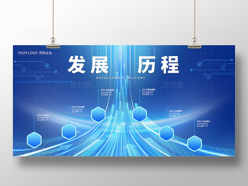 蓝色科技线条光效发展历程公司企业发展历程展板