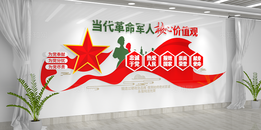 当代革命军人核心价值观军人文化墙党建文化墙