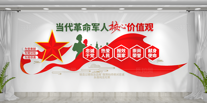 当代革命军人核心价值观军人文化墙党建文化墙
