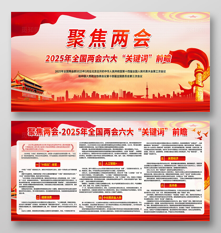 简单大气红色2025年聚焦两会六大关键词宣传展板