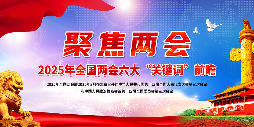 简单大气蓝色聚焦两会2025年工作报告六大关键词宣传展板