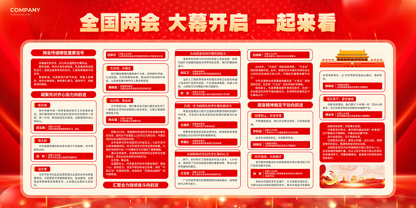 红色烫金风2025聚集全国两会深观大幕开启宣传文案展板两会宣传栏