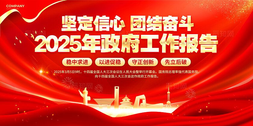 红色烫金风坚定信心团结奋斗2025工作报告宣传文案展板两会宣传栏
