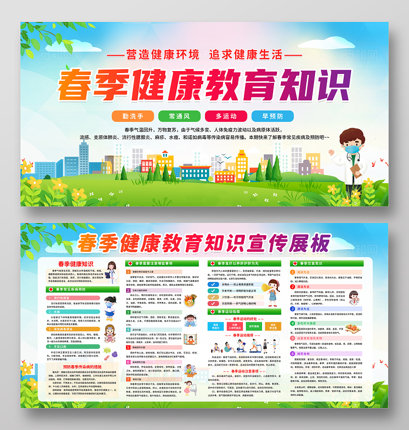 绿色清新简约风春季健康教育知识宣传栏展板设计春天