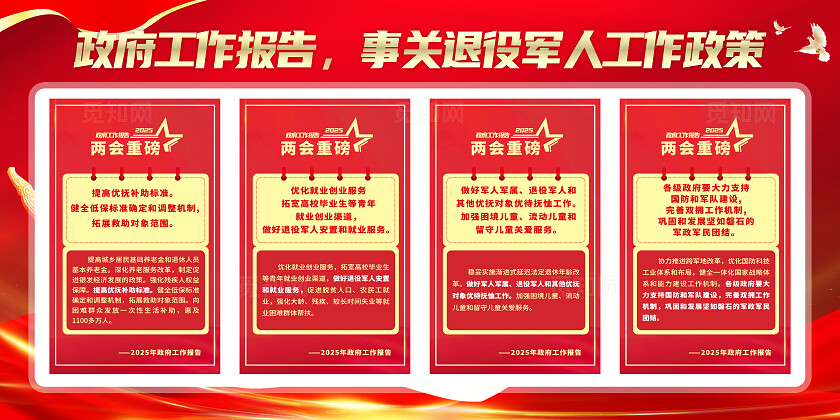 党建红色2025年聚焦两会工作报告事关退役军人工作政策宣传展板