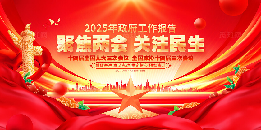 红金喜庆聚焦两会2025年两会工作报告宣传栏展板
