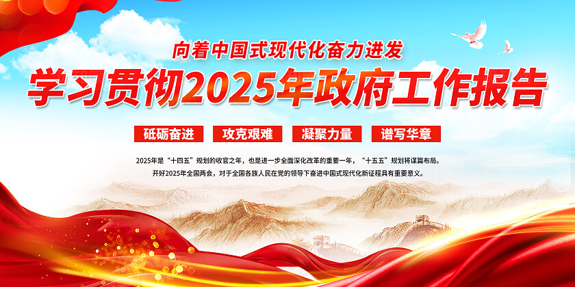 红蓝色大气学习贯彻2025年两会工作报告宣传展板