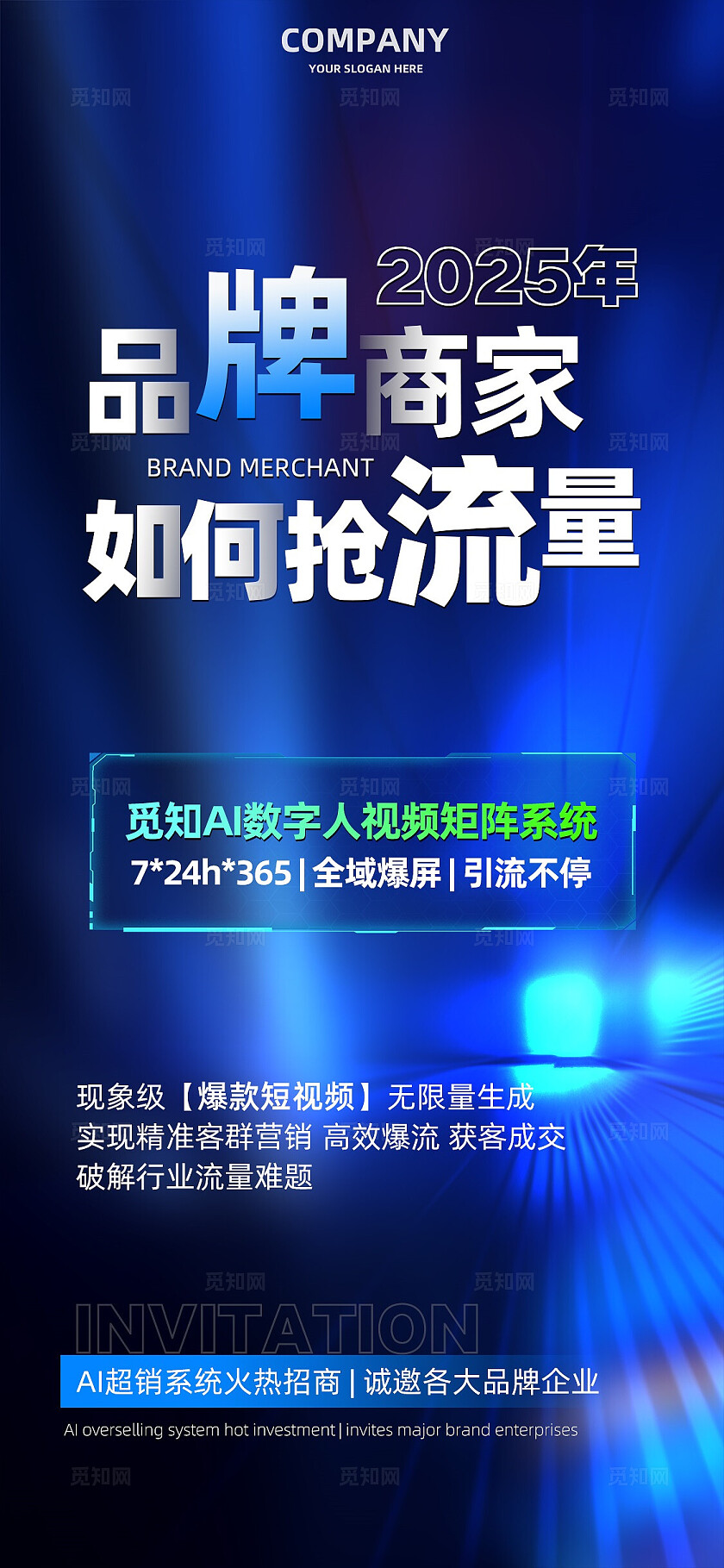 蓝色光效科技感品牌商家如何抢流量AI获客推广手机海报宣传