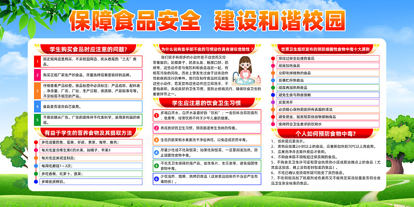 插画风蓝天草地校园食品卫生安全知识宣传栏