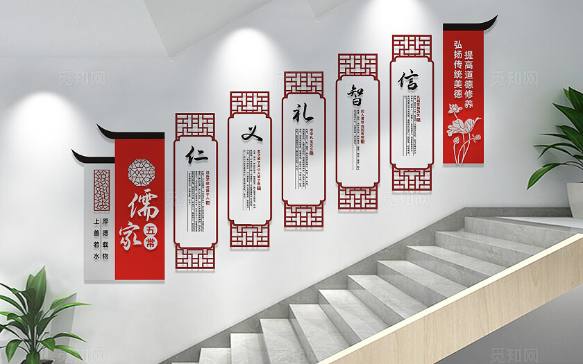 仁义礼智信国学经典校园楼梯文化墙