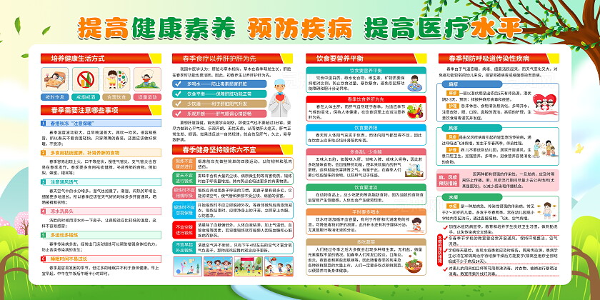 简约插画风春天大气提高健康素养知识背景展板春季疾病预防