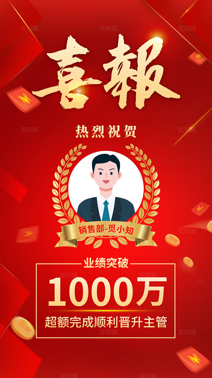 红色商务扁平插画风晋升喜报手机文案海报晋升喜报海报喜报海报
