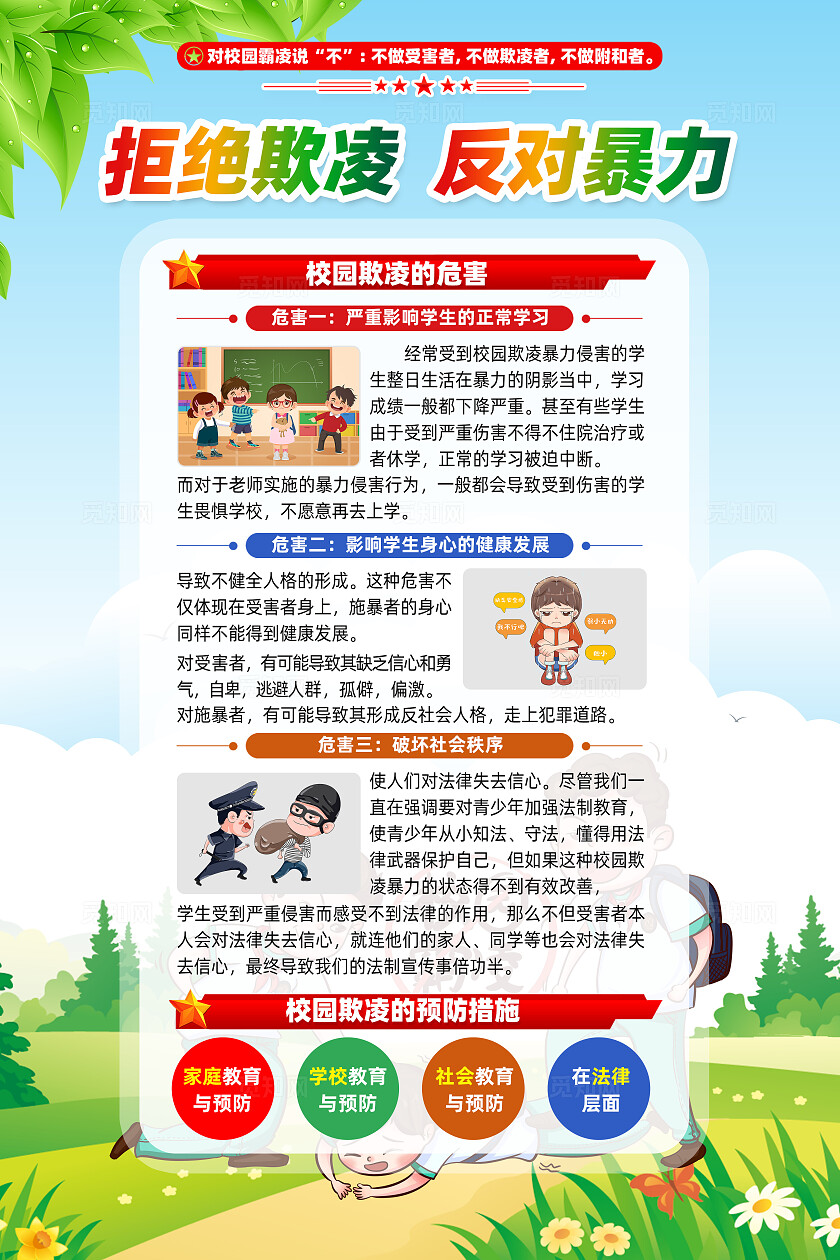 全国中小学生安全教育日卡通漫画预防校园欺凌海报设计校园欺凌宣传栏