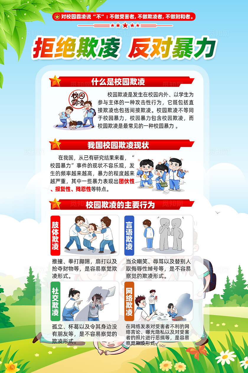 全国中小学生安全教育日卡通漫画预防校园欺凌海报设计校园欺凌宣传栏