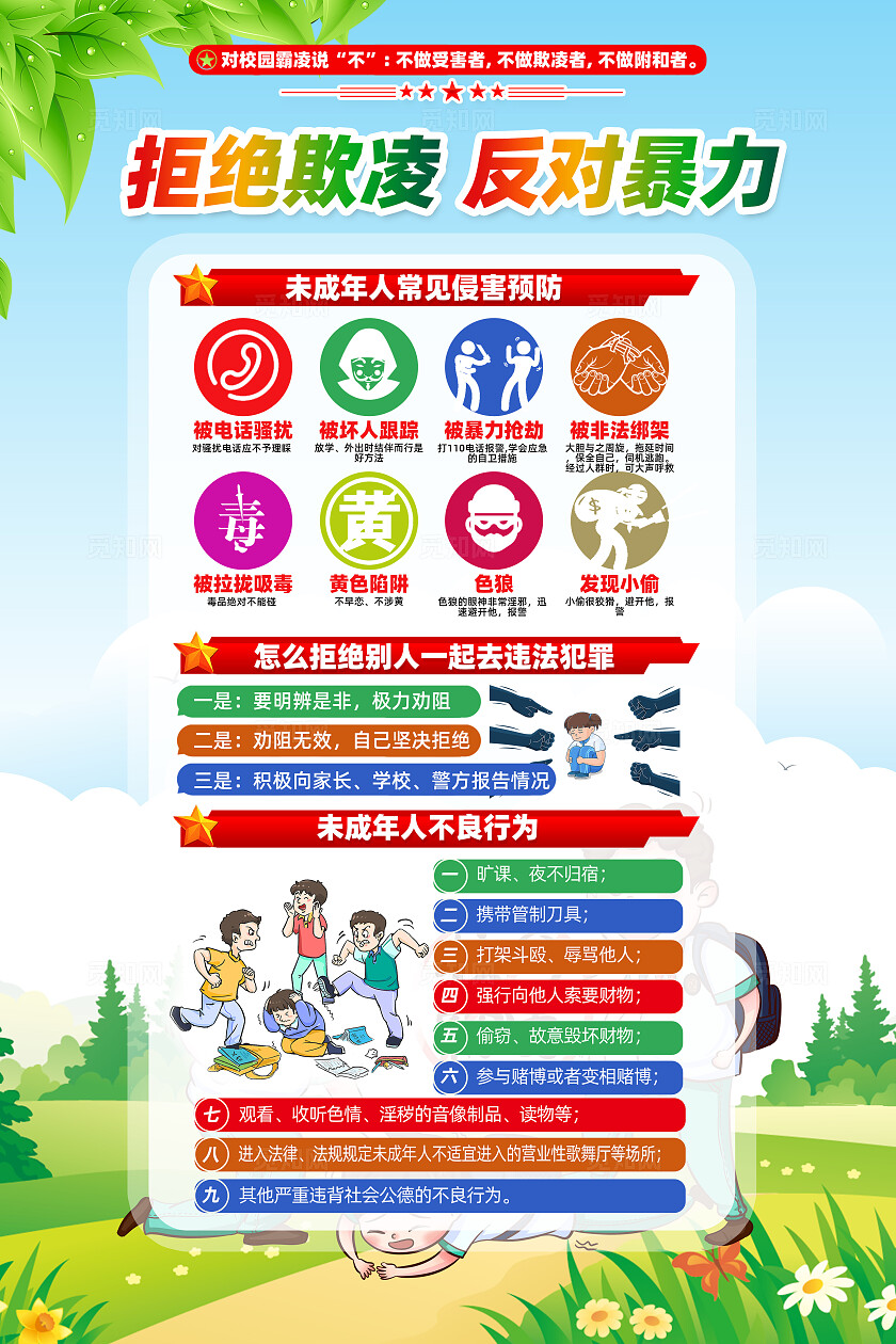 全国中小学生安全教育日卡通漫画预防校园欺凌海报设计校园欺凌宣传栏