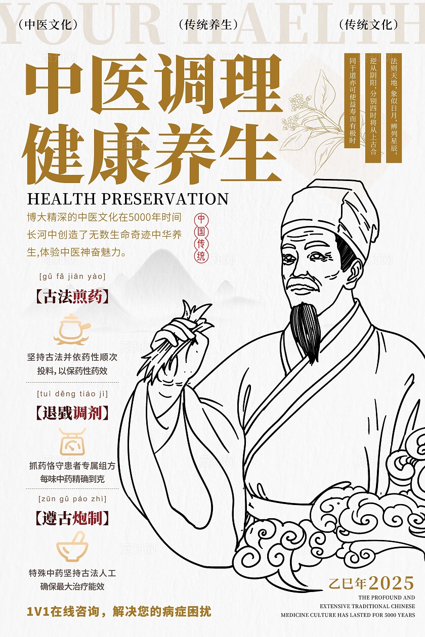 白色线描风格中医调理中医海报中医宣传海报中医养生海报养生海报