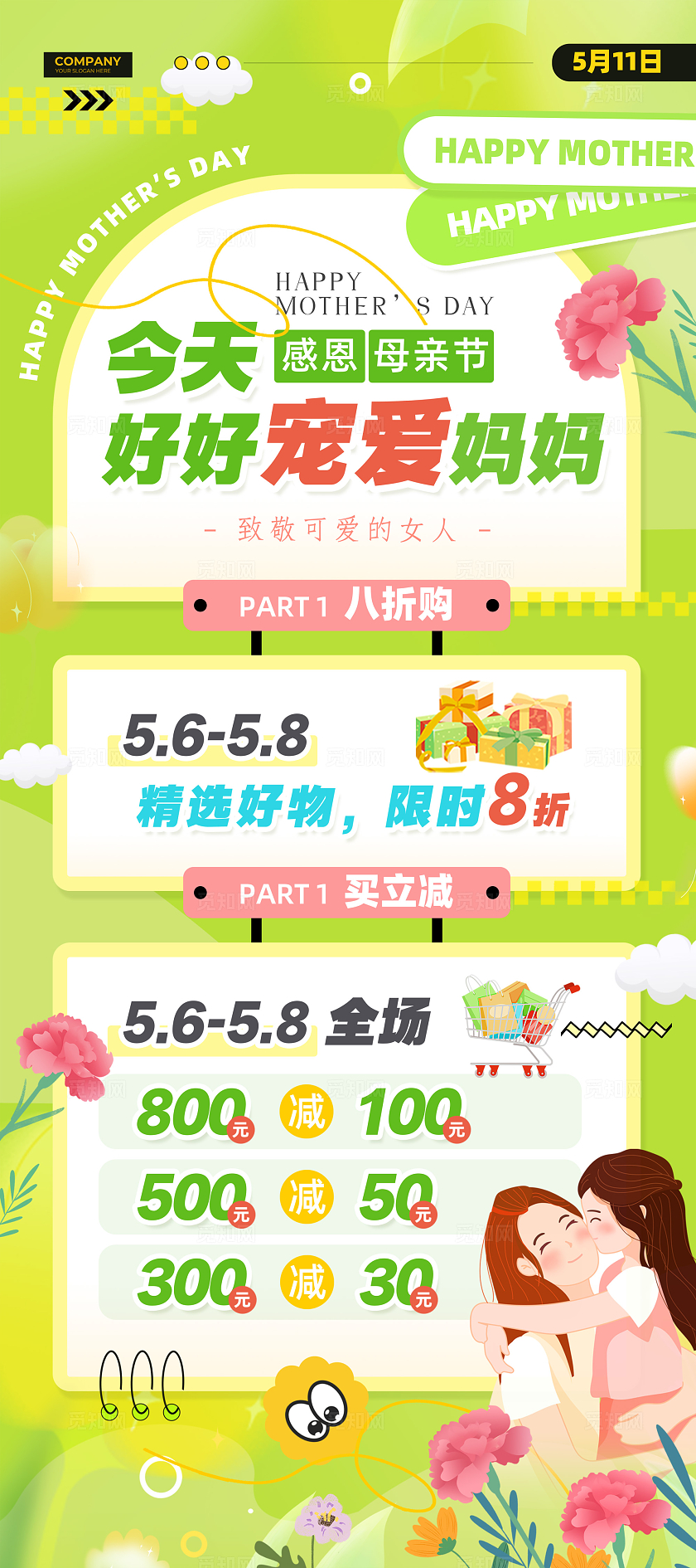 绿色清新扁平插画风感恩母亲节展架