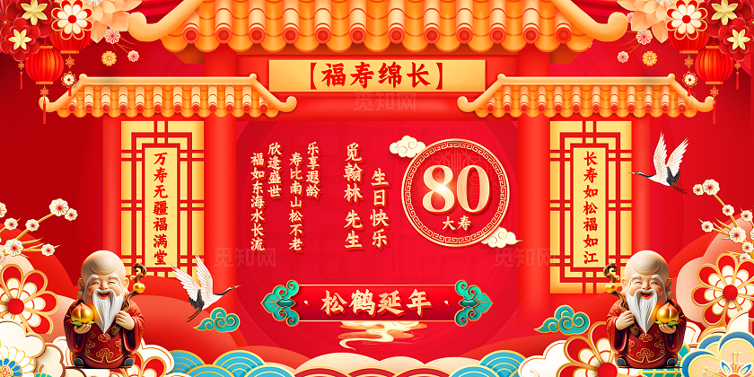 红色国潮风祝寿生日展板生日舞台展板