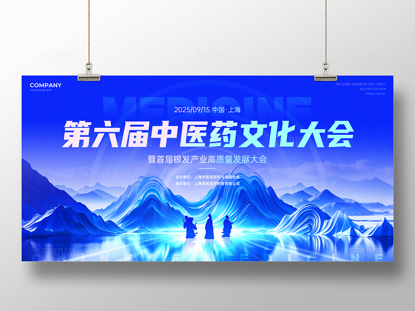 蓝色科技山水风中医大会活动展板中医