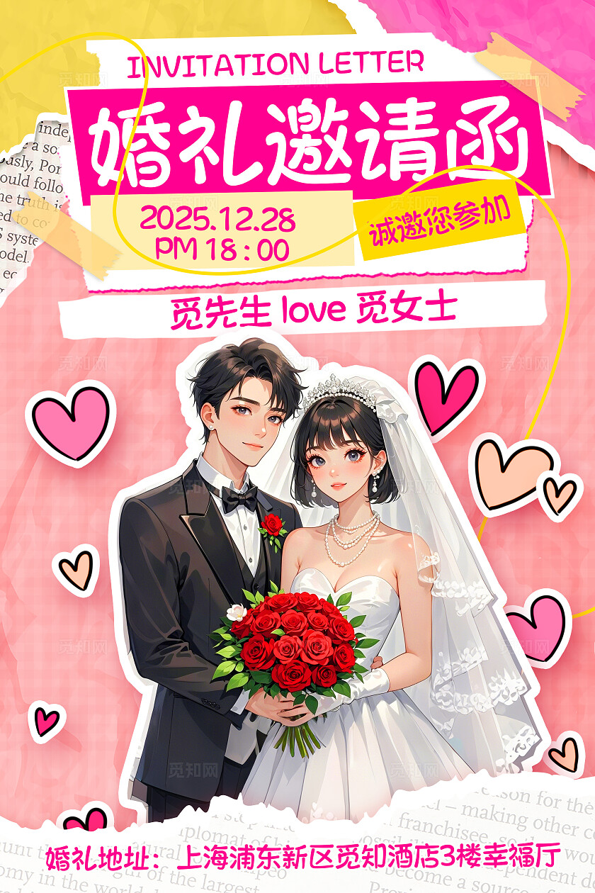 粉色拼贴手账元素风婚礼婚庆订婚邀请函