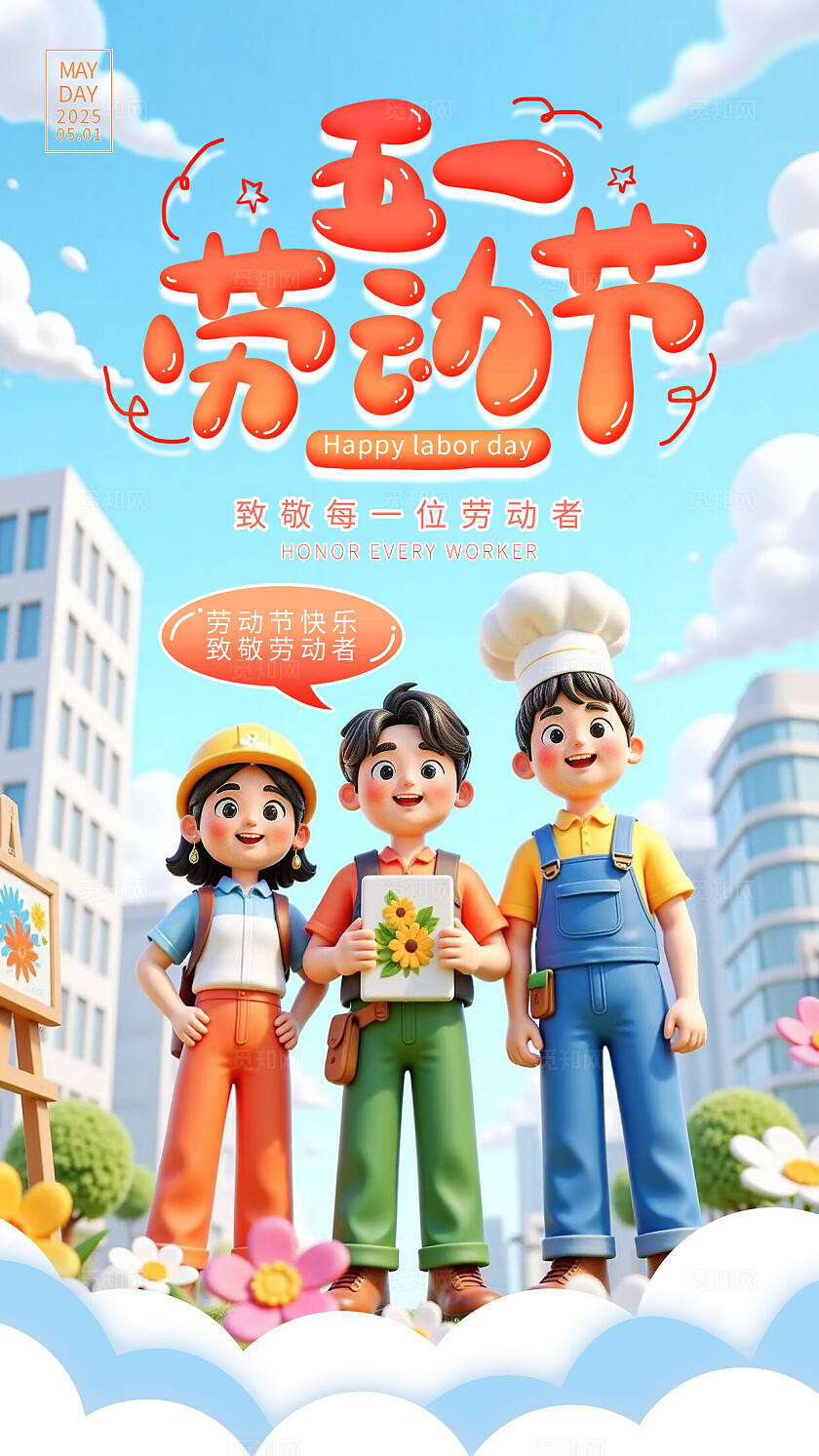 蓝色3d卡通五一劳动节51劳动节手机海报