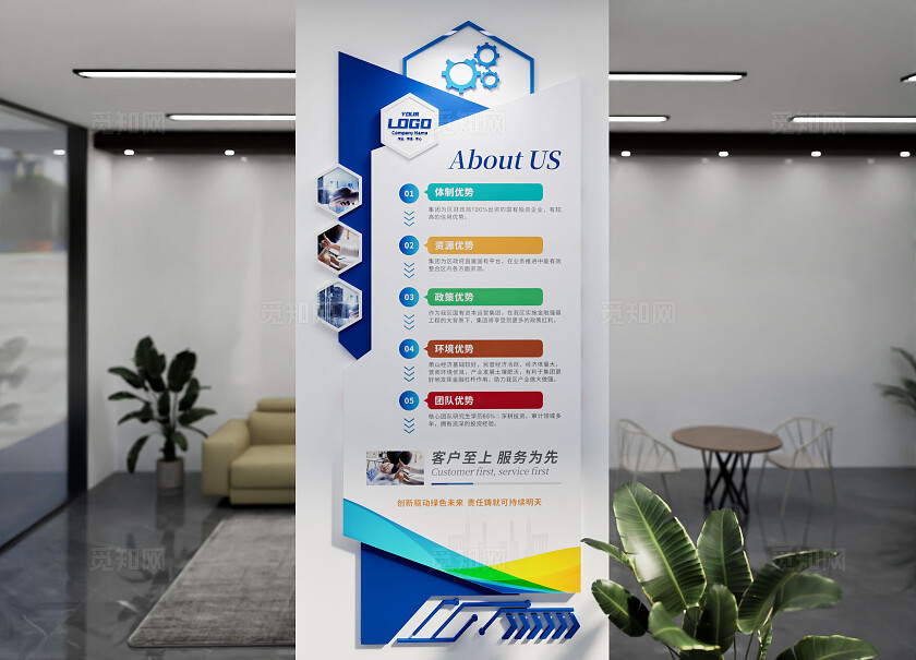 蓝色小型企业文化墙立体公司简介竖版文化墙