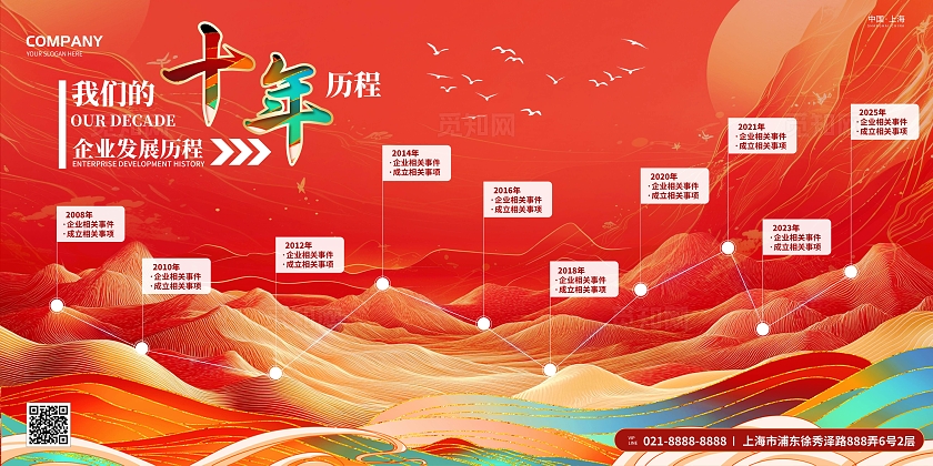 红色新中式国潮公司发展历程展板背景展板