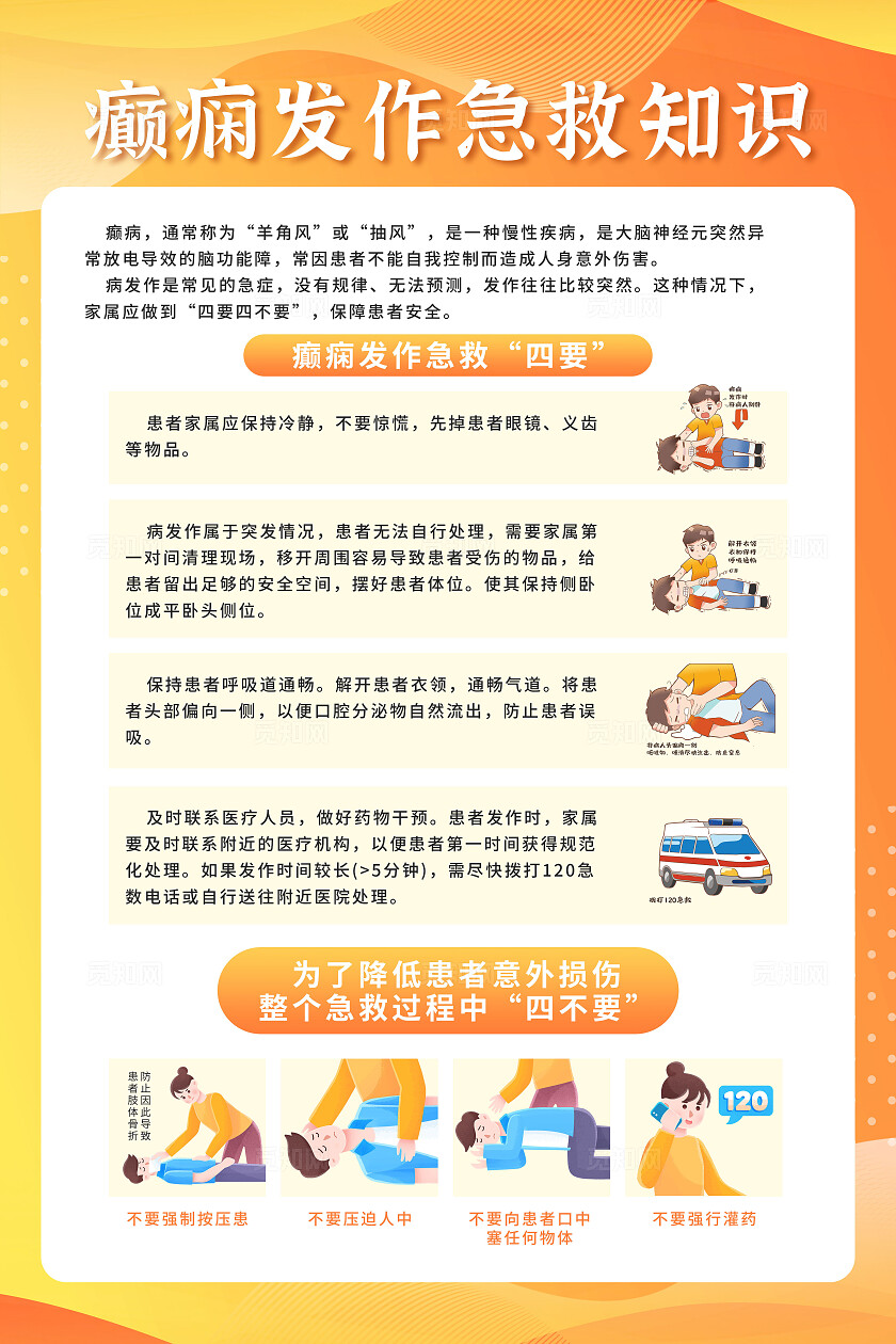 蓝色橙色渐变卡通溺水癫痫急救小知识海报企业标语套图