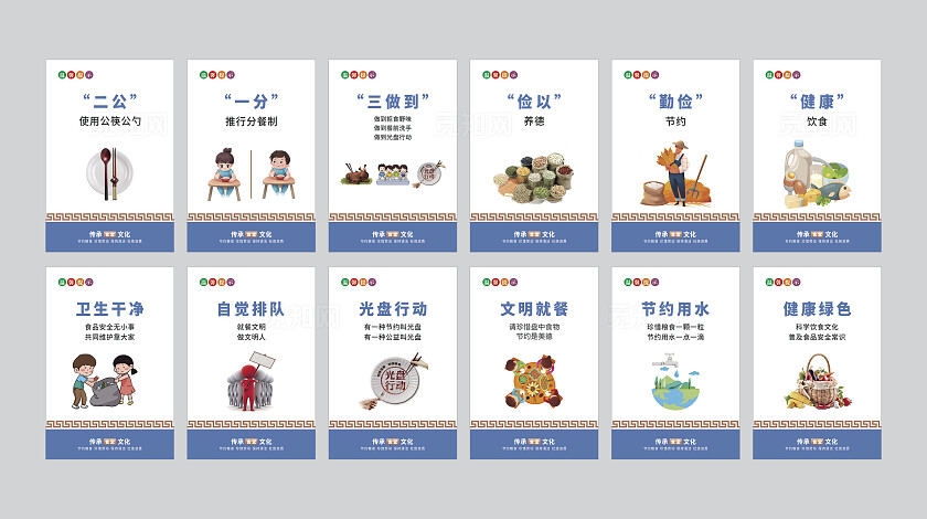 蓝色简洁大气食堂节约用餐系列海报套图设计