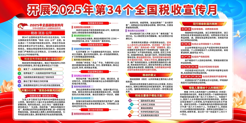 蓝色大气简约风2025年全国税收宣传月宣传栏展板设计