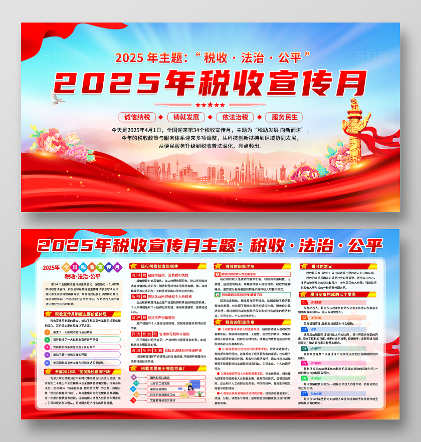 蓝色渐变简约风2025年全国税收宣传月宣传栏展板设计