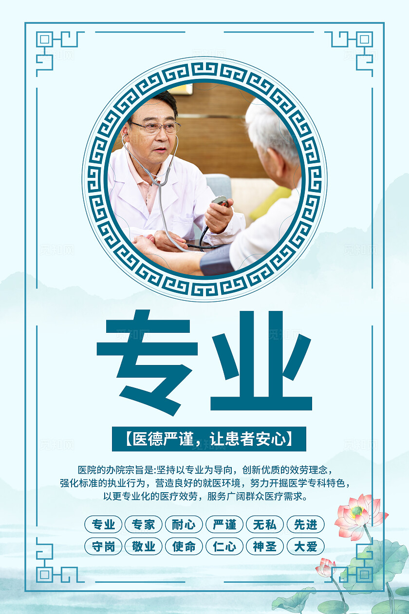 蓝色中国水墨风医德严谨医院医风文化墙标语宣传海报套图医院宣传