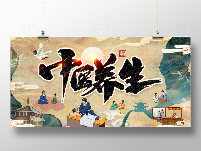 新中式古风中医养生中医展板中医
