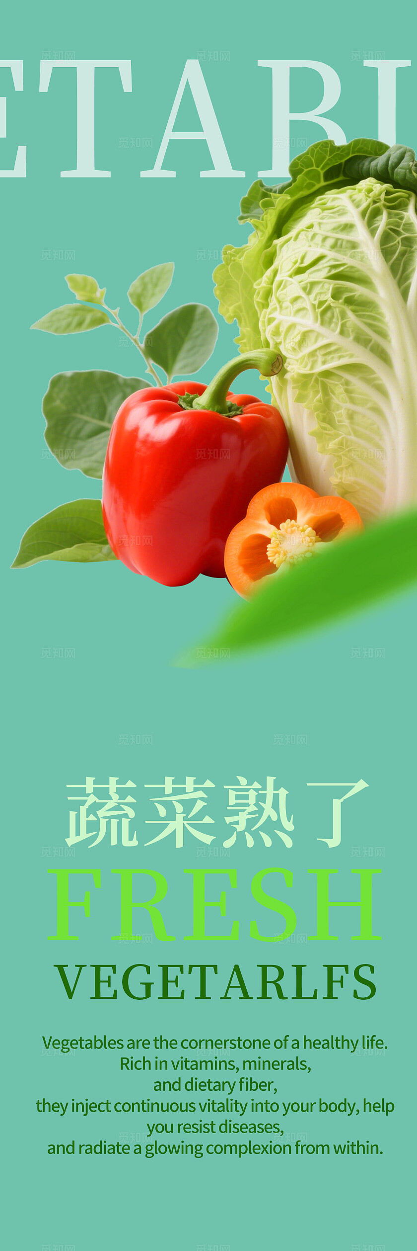 绿色简约新鲜蔬菜美味健康营养蔬菜挂画标语套图