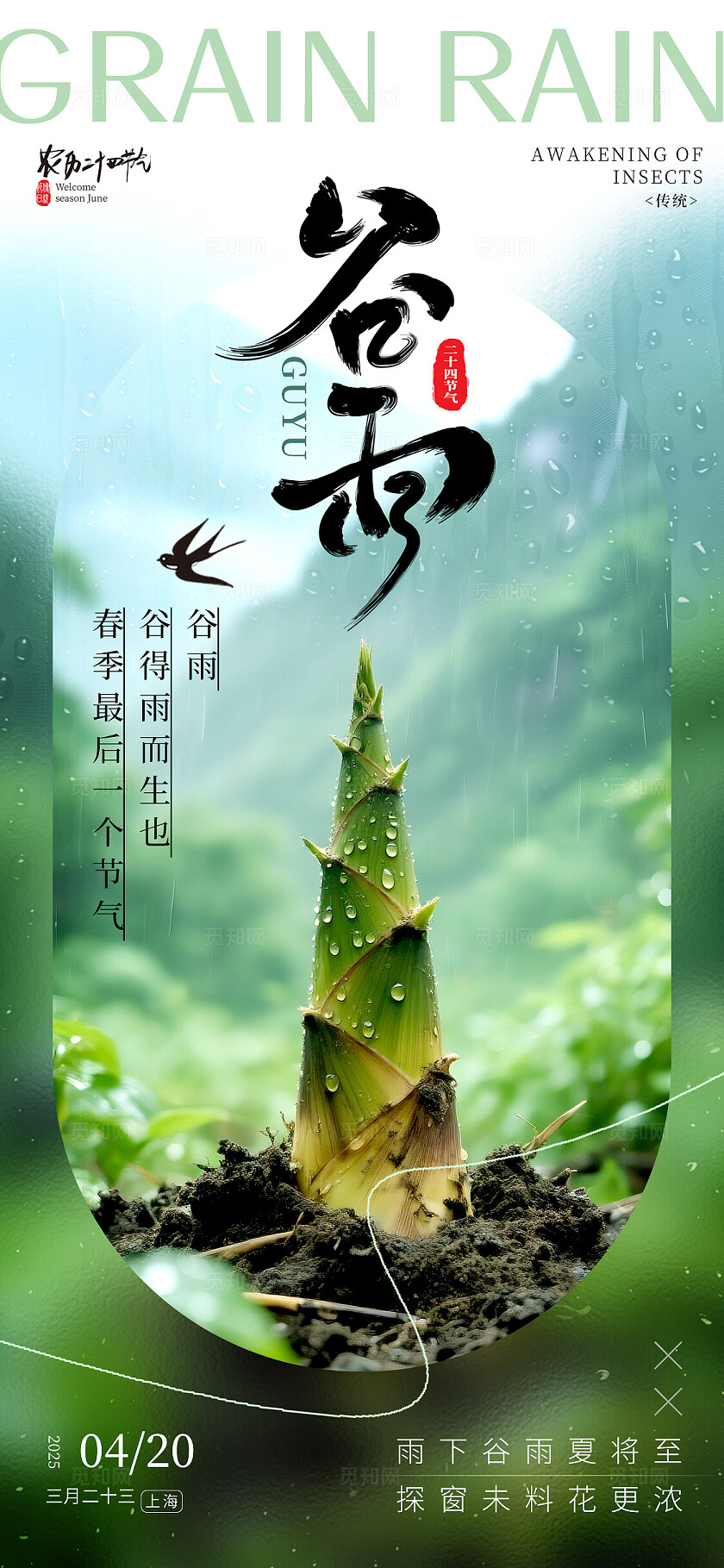 绿色实拍风格谷雨谷雨手机宣传海报谷雨宣传海报谷雨海报节气海报