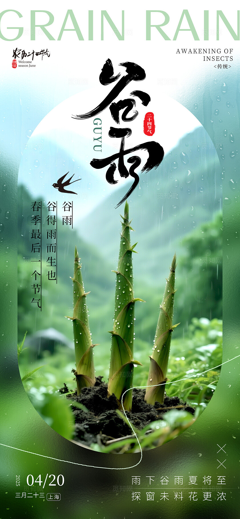 绿色实拍风格谷雨谷雨手机宣传海报谷雨宣传海报谷雨海报节气海报