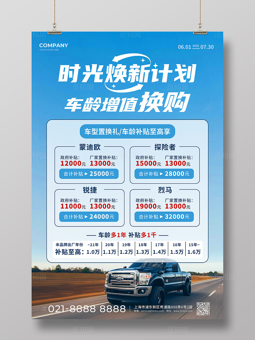 蓝色实拍风汽车置换焕新计划车龄增值换购活动促销宣传文案海报