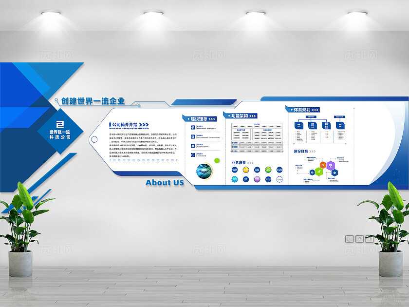 蓝色大气创意企业文化墙公司简介形象墙设计背景