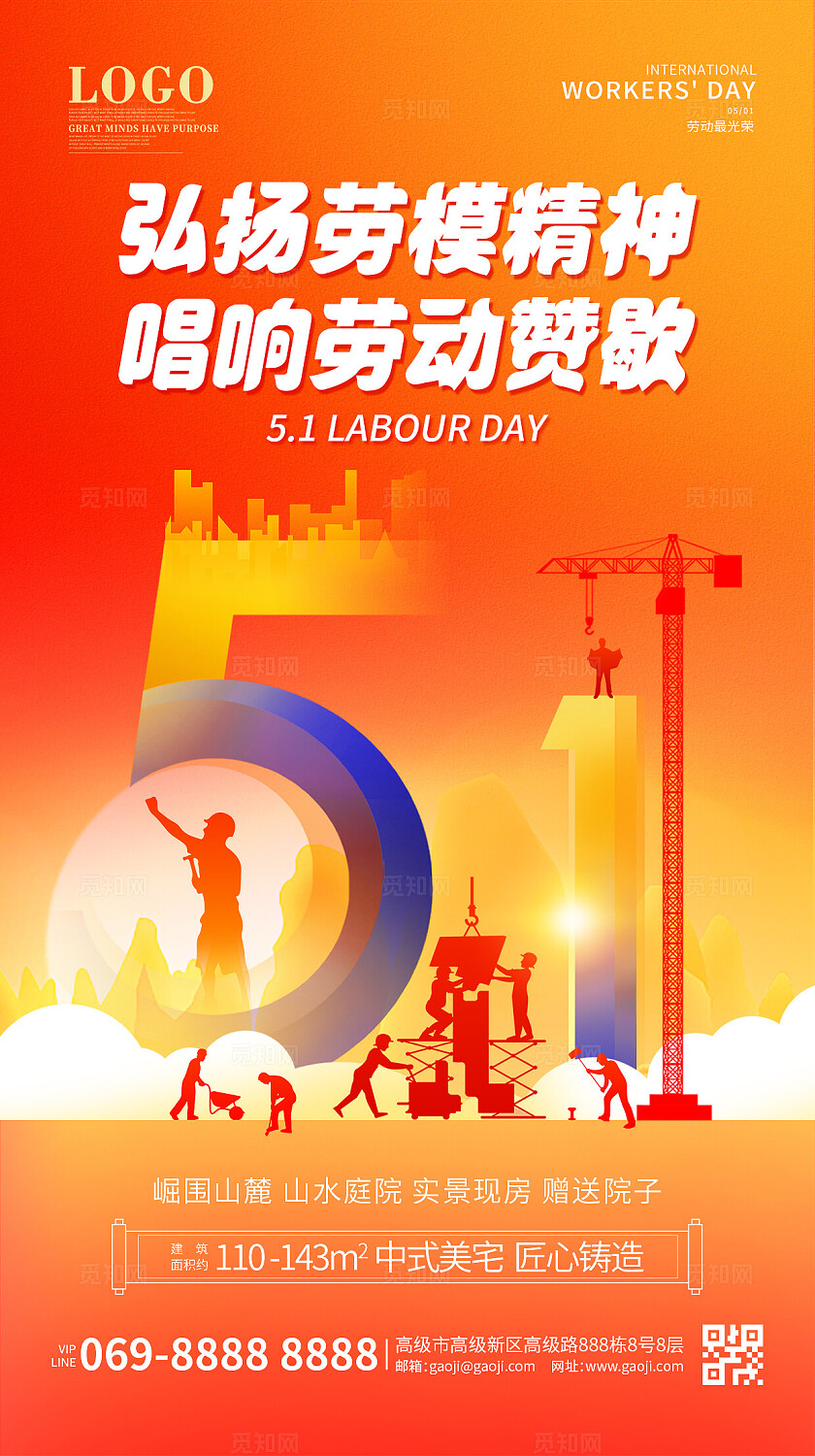 红色五一劳动节房地产宣传海报致敬劳动者51海报五一51劳动节