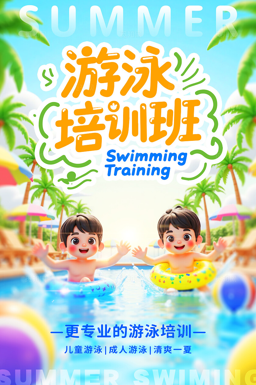 蓝色3d风夏天游泳暑期游泳培训宣传海报