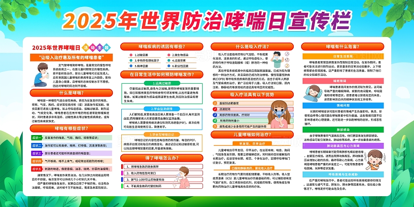 蓝色清新卡通插画2025年世界防治哮喘日宣传栏展板设计党政党建节日
