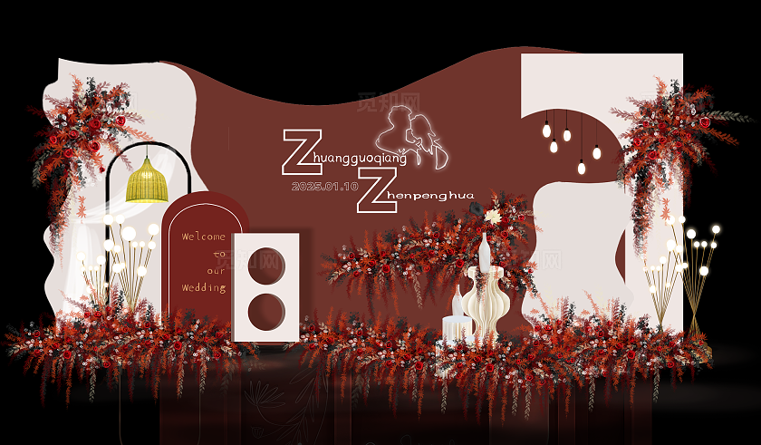 酒红撞白饱和婚礼迎宾区效果图