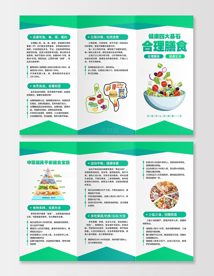 绿色几何形健康四大基石合理膳食三折页设计医院宣传
