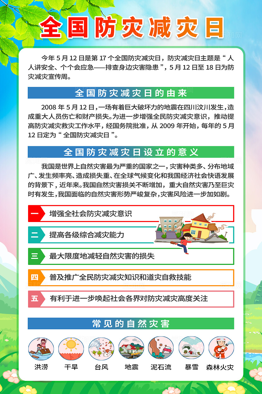 简单大气绿色防灾减灾日宣传海报